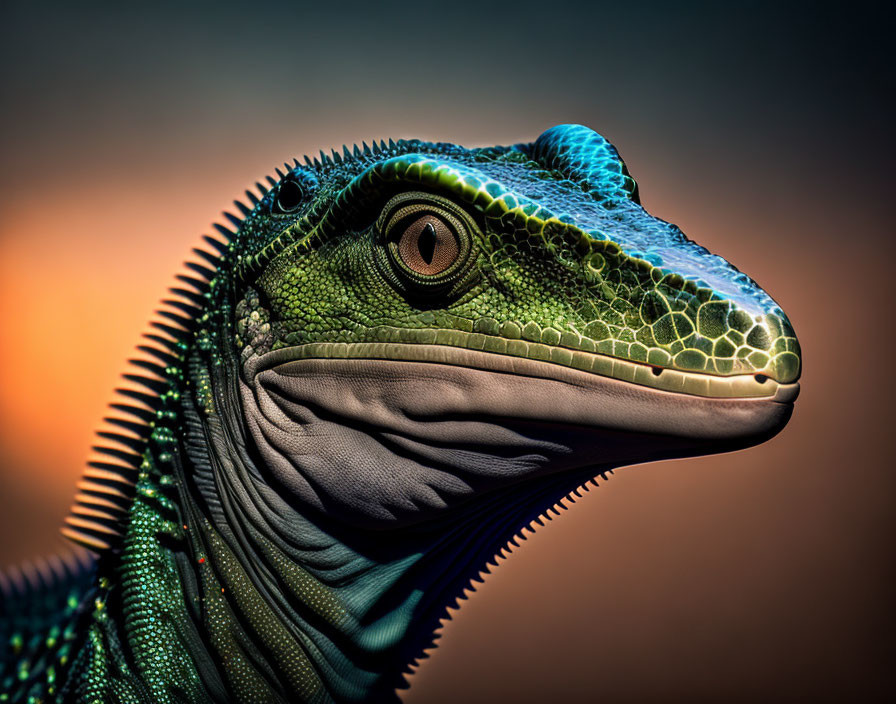 Colorful Lizard with Green Scales and Detailed Eye on Warm Background