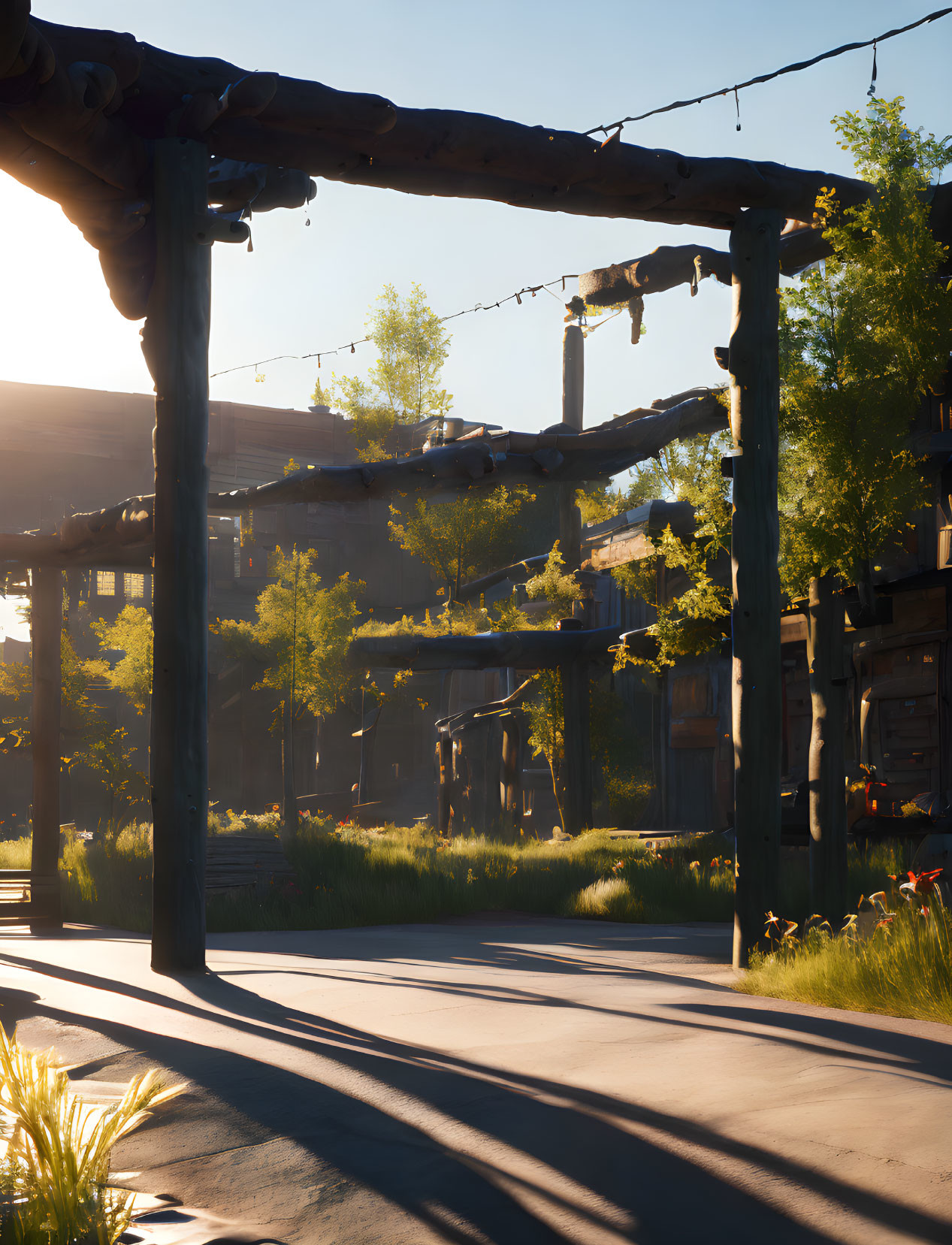 Rustic wooden pergola with sunlight on serene pathway