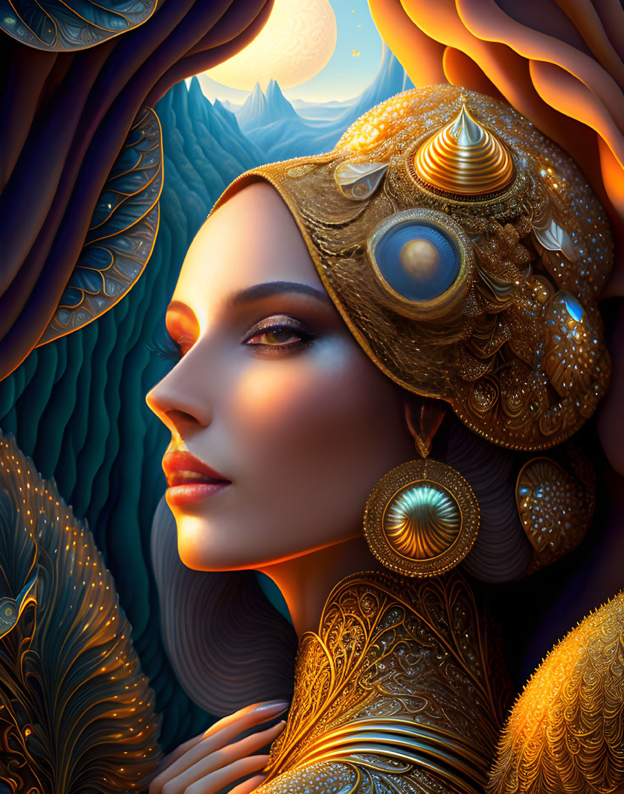 Detailed illustration of woman in ornate golden headwear and jewelry against fantasy landscape.