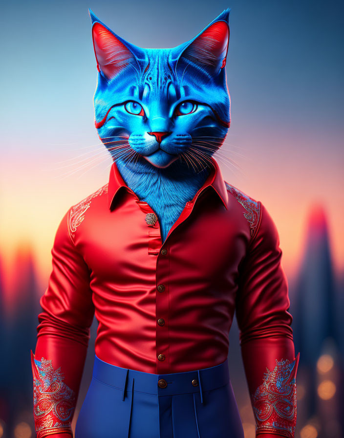 Anthropomorphic Blue Cat in Red Shirt Against Dusk Cityscape