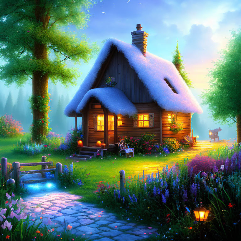 Thatched roof cottage in twilight with glowing gardens and stag by woods