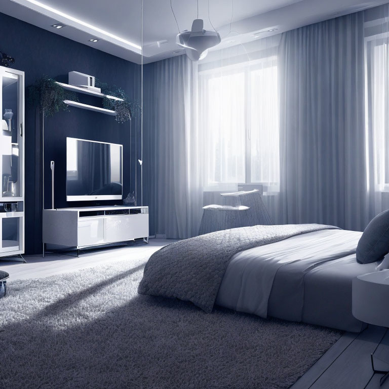 Contemporary Bedroom with Plush Bed, Dark Walls, White Furniture, Sheer Curtains, and