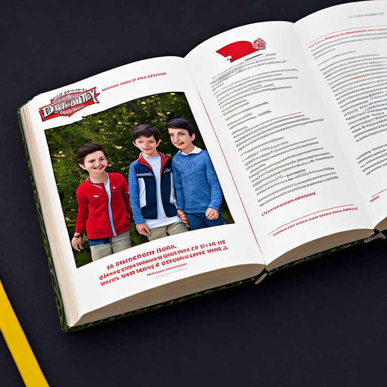 Open book with photograph of smiling children on grassy background and Cyrillic text, red header.