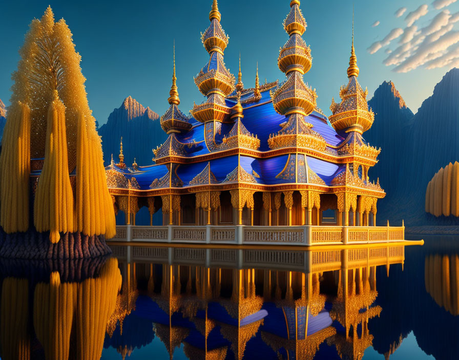 Fantastical golden and blue multi-tiered structure by a serene lake