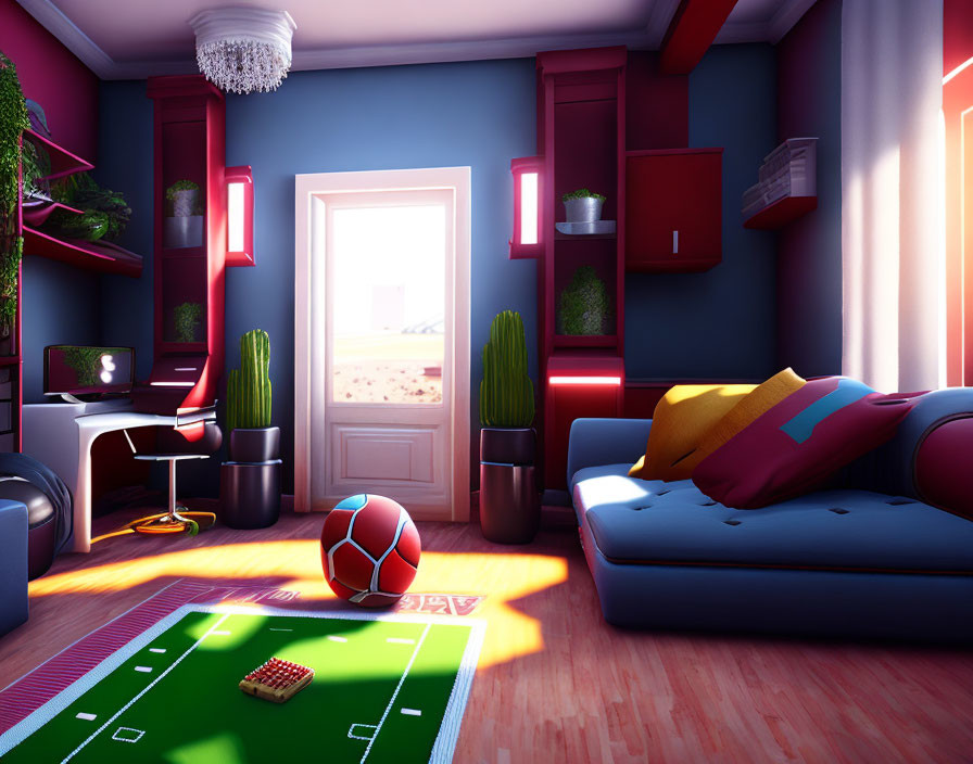 Colorful Room with Blue Sofa, Red Shelves, Football, and Computer Desk