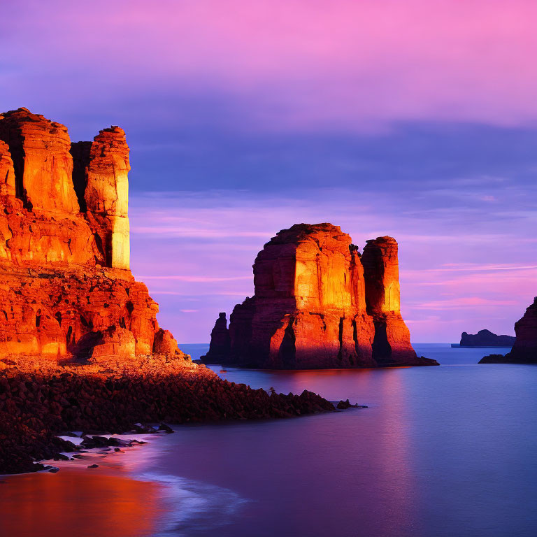 Sunset illuminates majestic sea stacks against purple sky and calm ocean.