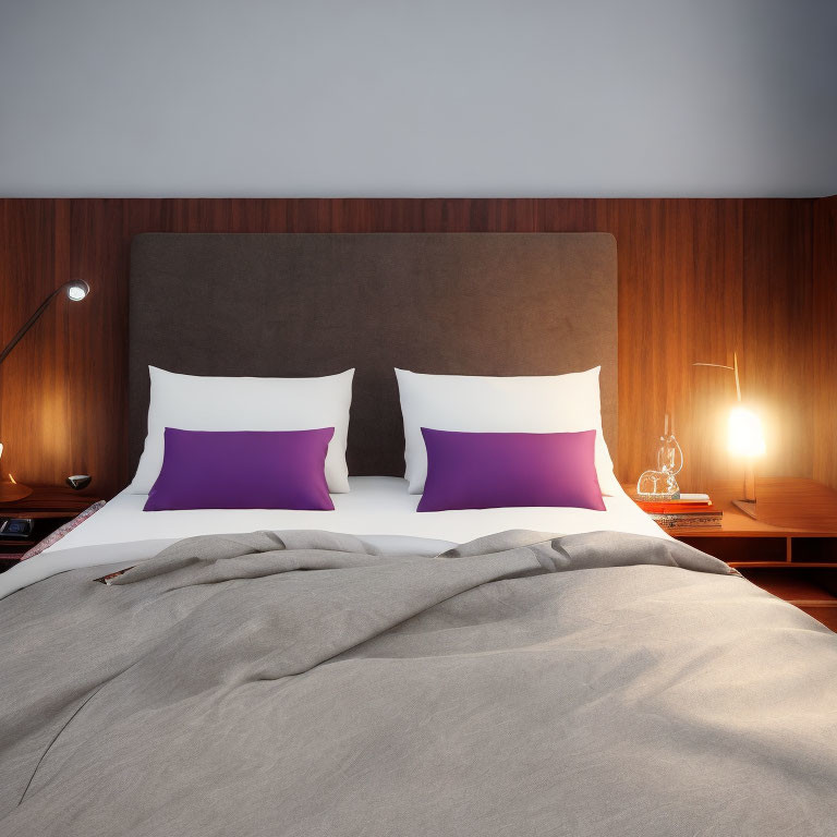 Spacious modern bedroom with large bed, white bedding, purple pillows, wooden headboard, and bedside