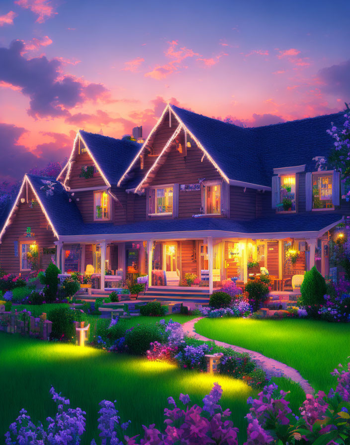 Twilight scene of illuminated cottage in garden