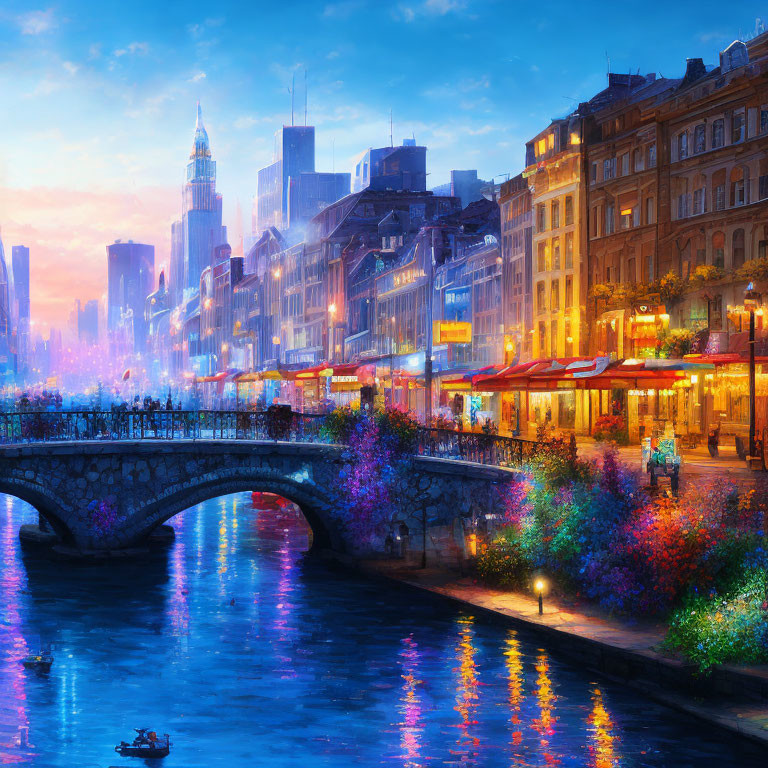 Illuminated cityscape at dusk with stone bridge and canal boat