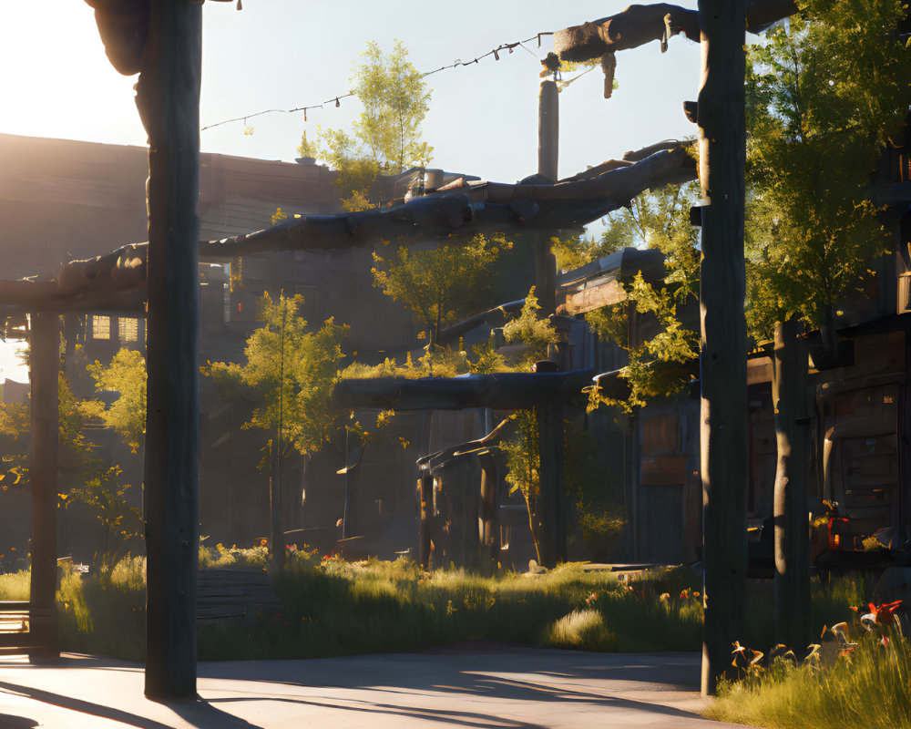 Rustic wooden pergola with sunlight on serene pathway