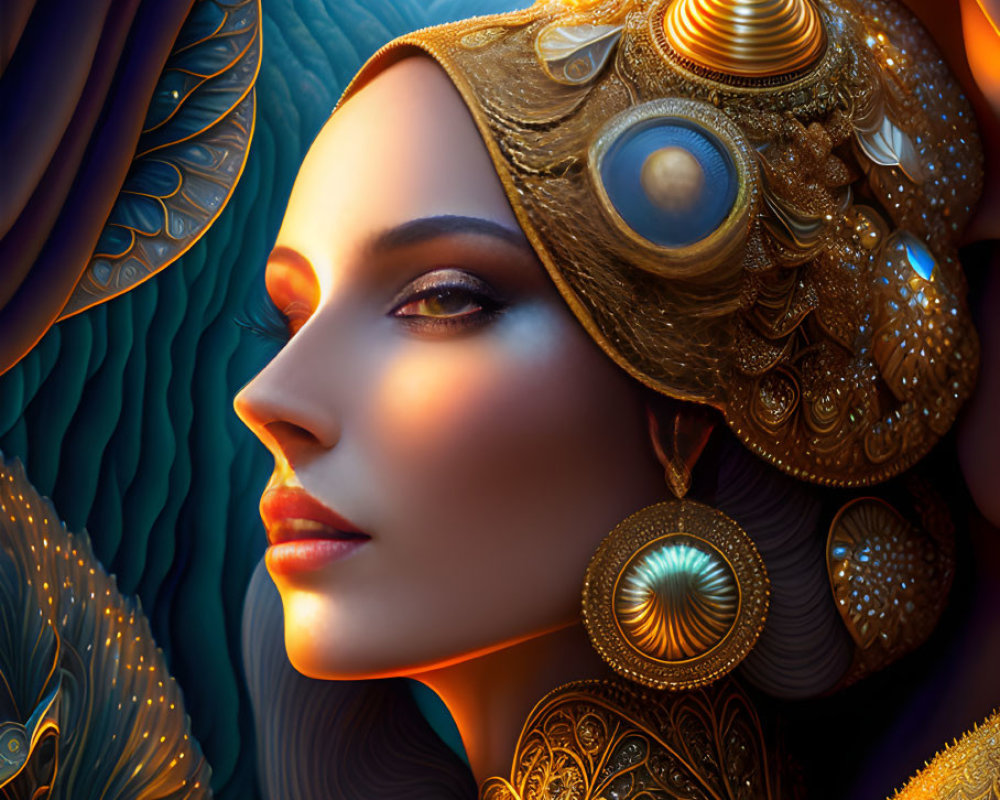 Detailed illustration of woman in ornate golden headwear and jewelry against fantasy landscape.