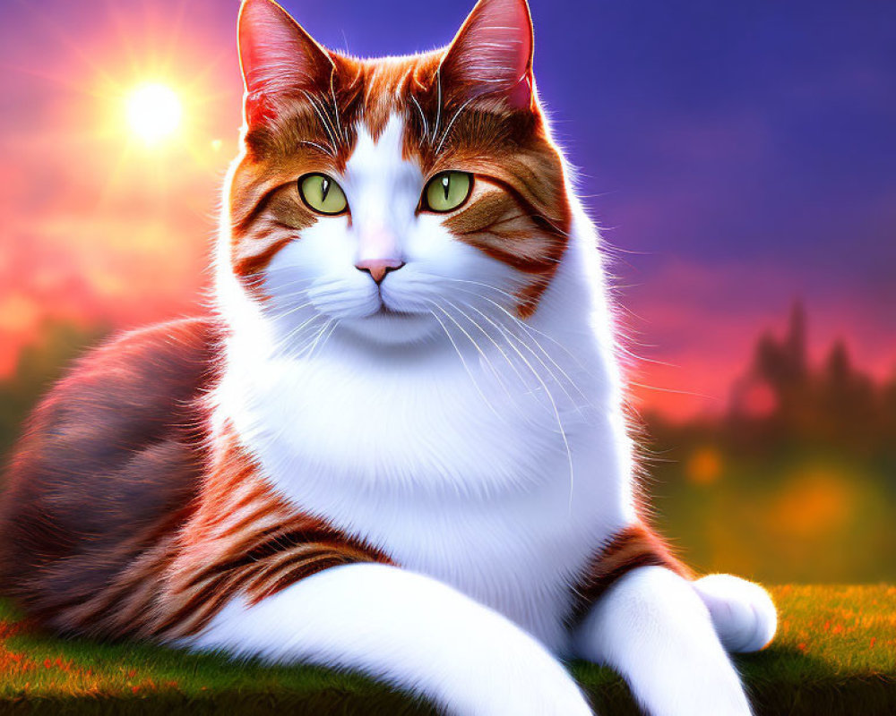 Digital Artwork: Orange and White Cat with Green Eyes in Sunset Landscape