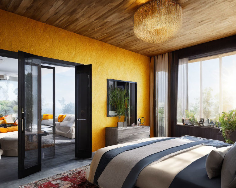 Spacious modern bedroom with wooden ceiling, yellow walls, large windows, crystal chandelier, elegant bedding