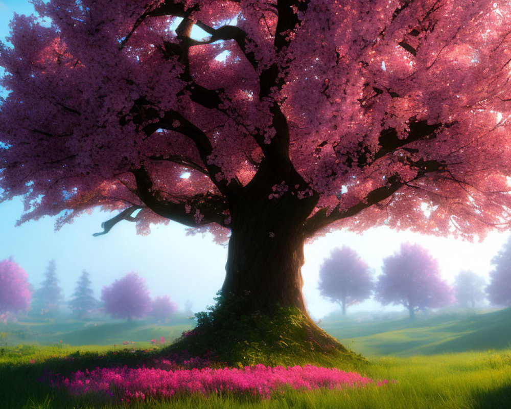 Vibrant pink cherry blossom tree in full bloom among lush green field