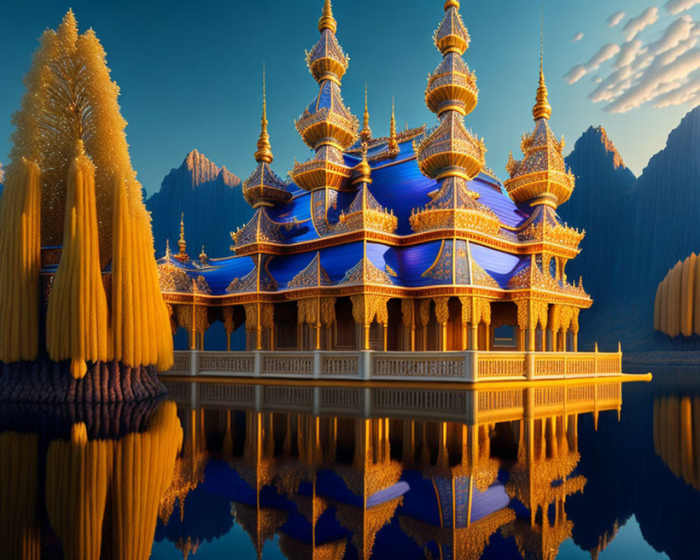 Fantastical golden and blue multi-tiered structure by a serene lake