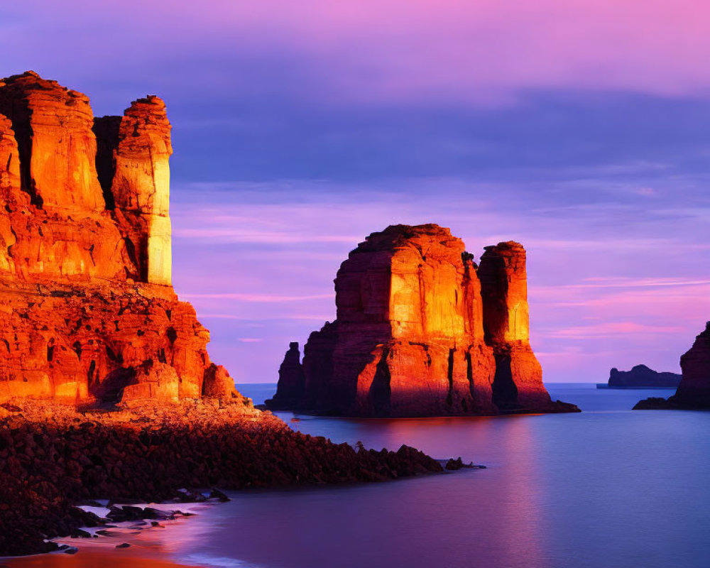 Sunset illuminates majestic sea stacks against purple sky and calm ocean.