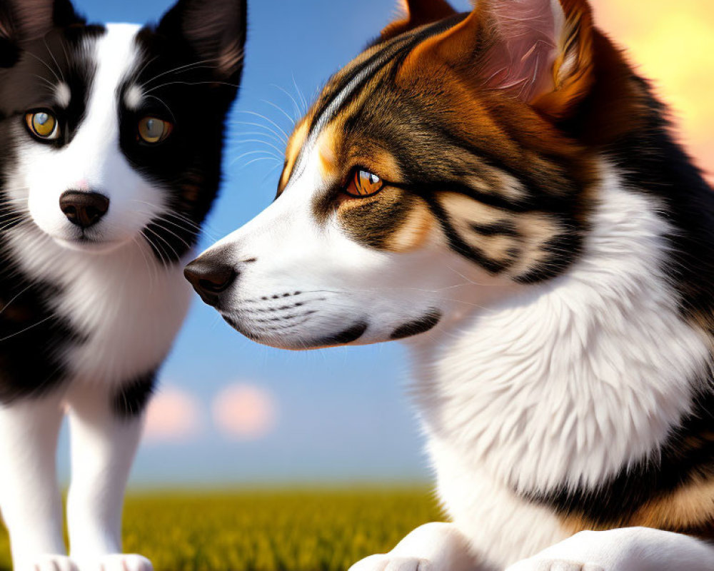 Realistic 3D-rendered dogs in black, white, and brown against sunny sky