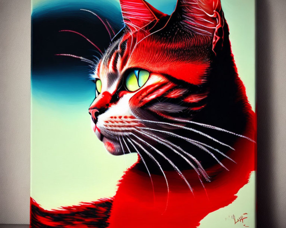 Colorful digital artwork of a stylized red and black cat with green eyes on blue background