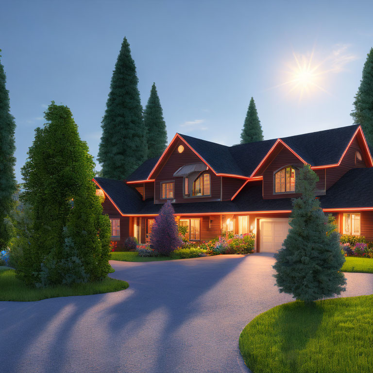 Suburban house with lit interior amidst tall trees at dusk