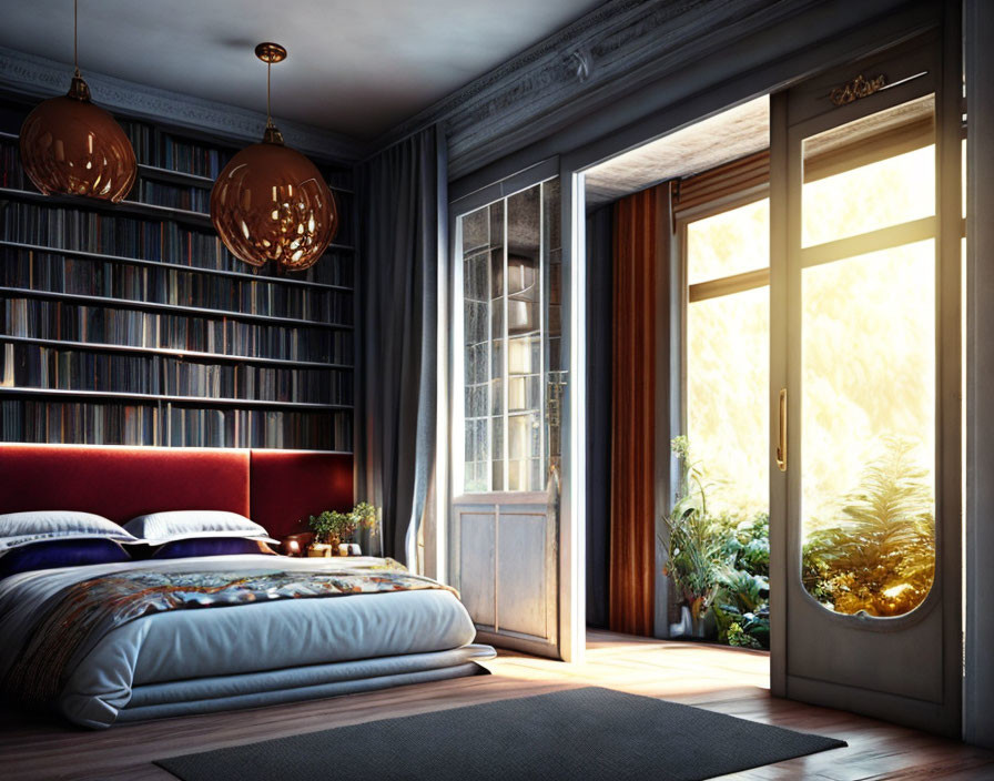 Cozy Bedroom with Full Bookshelf, Large Bed, French Doors, and Natural Light