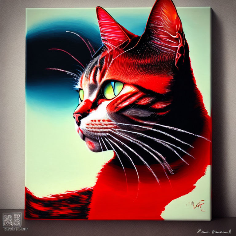 Colorful digital artwork of a stylized red and black cat with green eyes on blue background