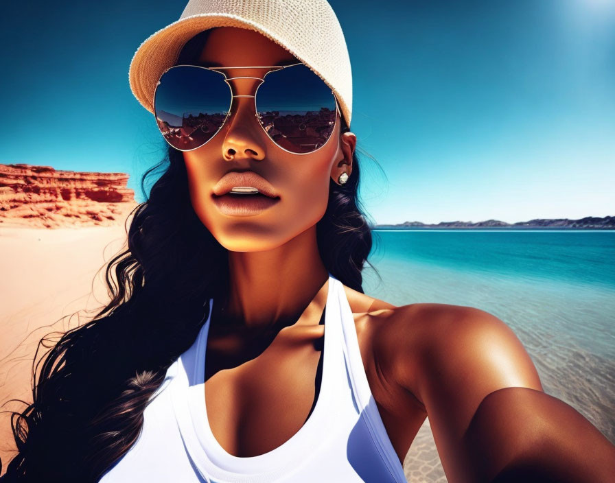 Woman in sunglasses and cap on sunny beach with blue water and red cliffs