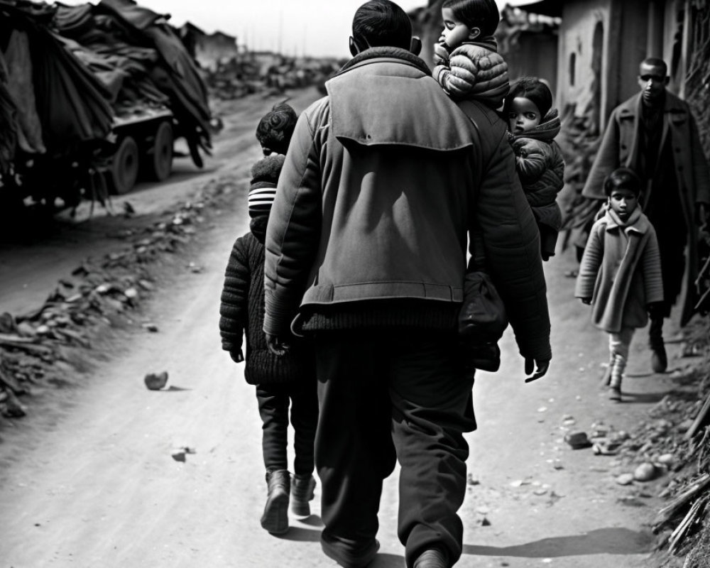 Man Walking Down Dusty Road With Children and Makeshift Shelters