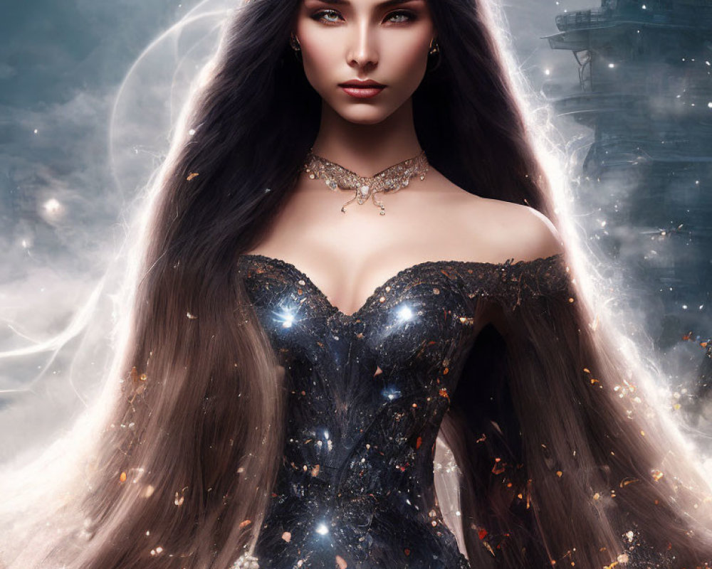 Fantasy digital artwork of woman in dark dress with glowing embers