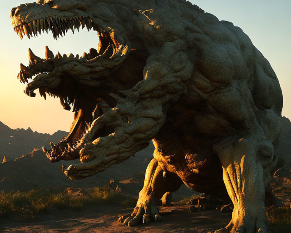 Two-Headed Monster with Sharp Teeth in Desert Landscape at Dusk