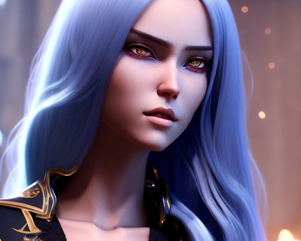 Digital artwork: Female character with amber eyes, pale blue hair, black outfit, golden details