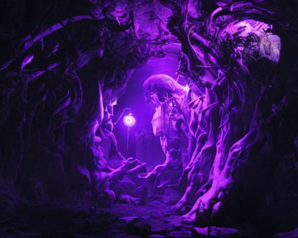 Mystical purple-lit cave with glowing orb and archway