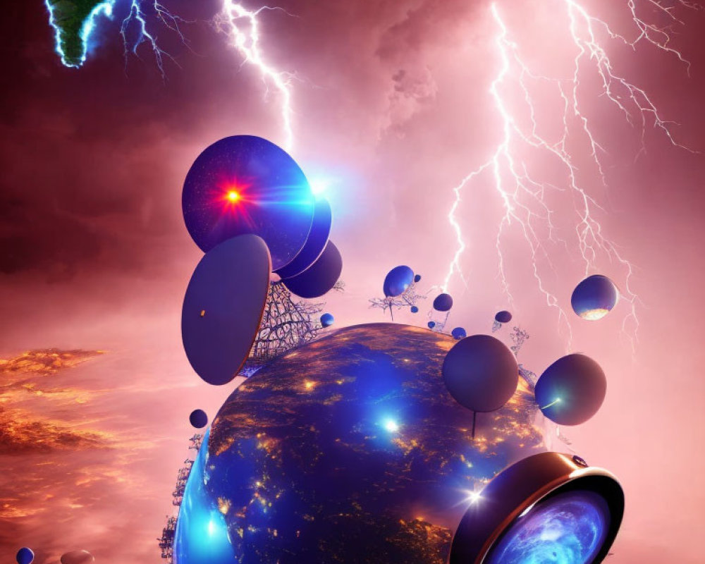 Surreal sci-fi illustration of futuristic planet and lightning sky