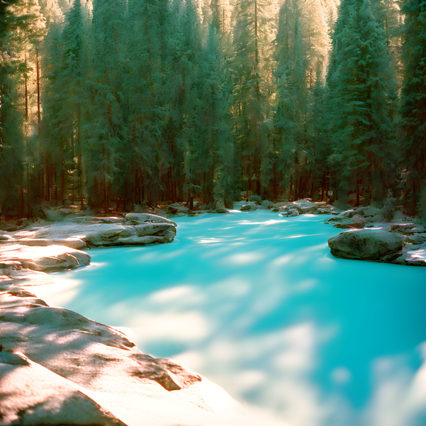 Tranquil forest scene with flowing river and tall pines