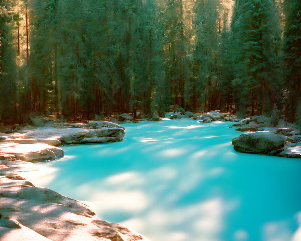 Tranquil forest scene with flowing river and tall pines