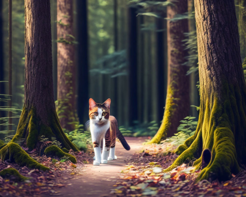 Tabby Cat in Forest Path Surrounded by Tall Trees