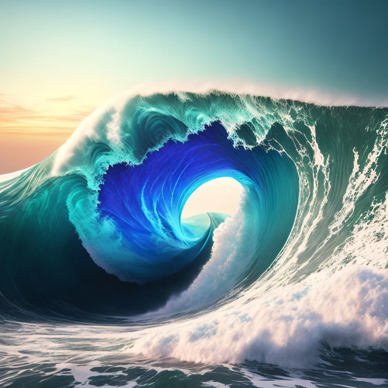 Curling Ocean Wave in Blue and Green with White Foam