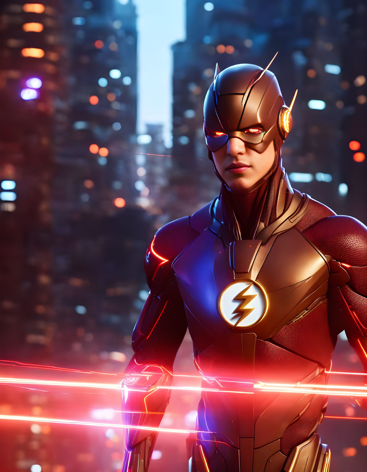 Detailed Flash Superhero Costume with Glowing Lightning Symbol in City Nightscape