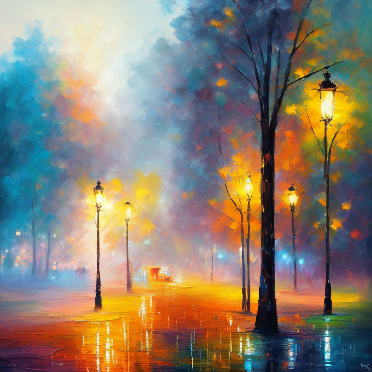 Impressionistic painting of rainy evening with street lamps and silhouetted trees