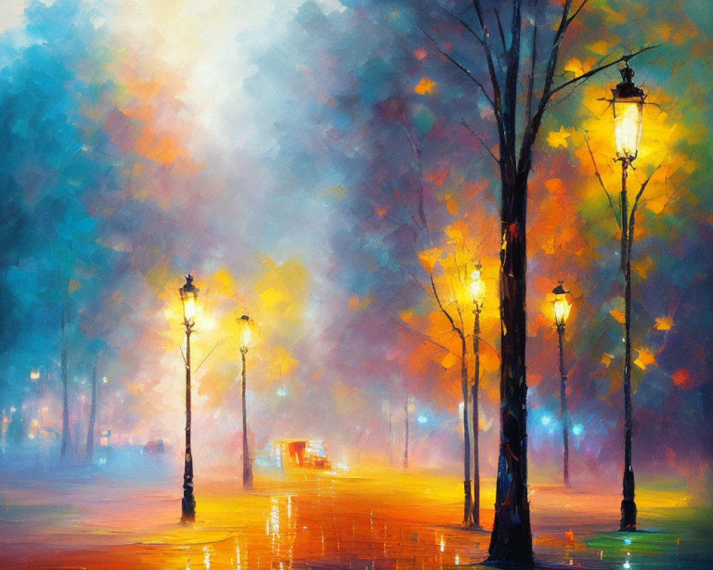 Impressionistic painting of rainy evening with street lamps and silhouetted trees