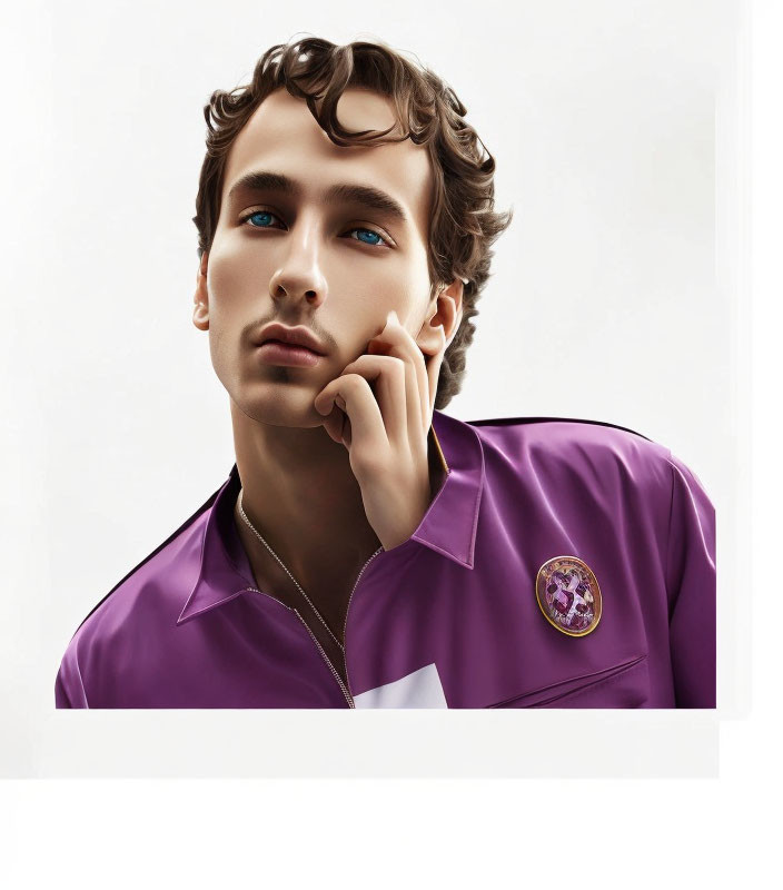 Male figure with blue eyes and curly hair in purple shirt with badge