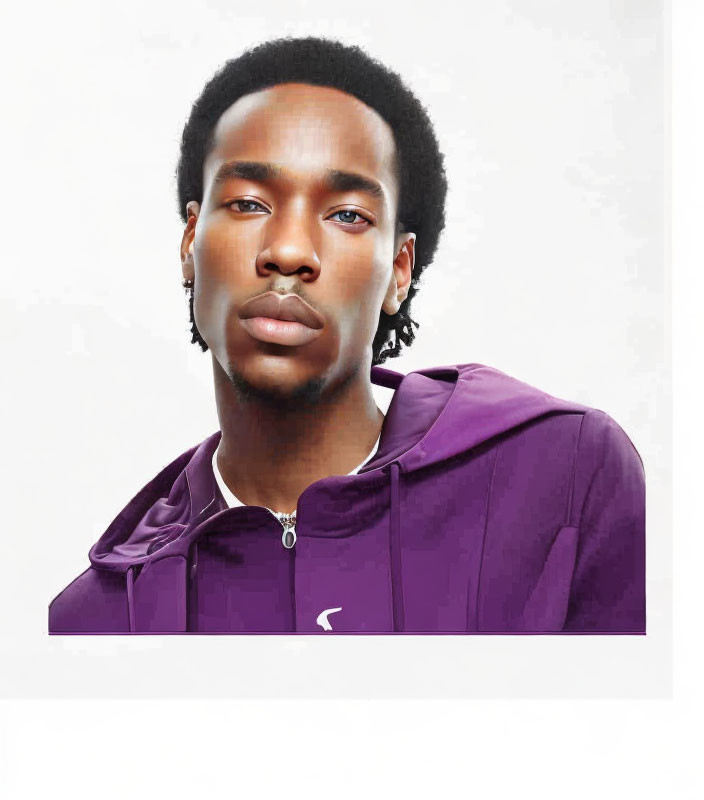 Young man with short dreadlocks in purple hoodie on white background