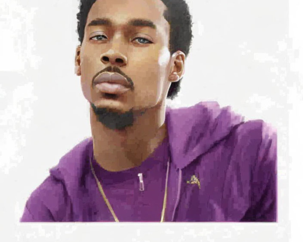 Young man in purple jacket with goatee and mustache.