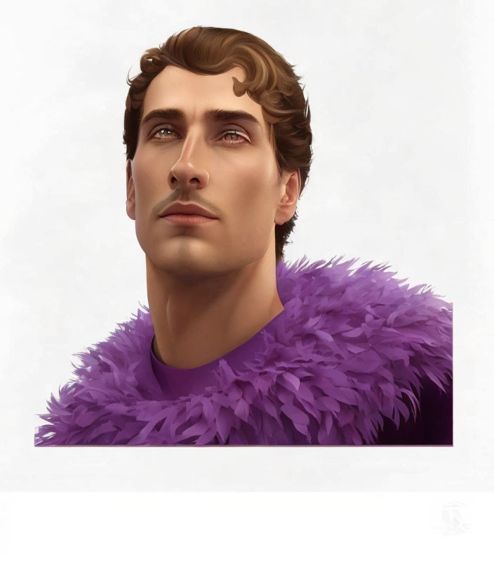 Man with Wavy Brown Hair in Purple Feathered Garment