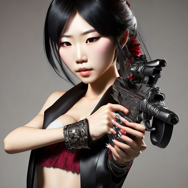 CGI-rendered female character with black hair, pale skin, futuristic gun, red/black top