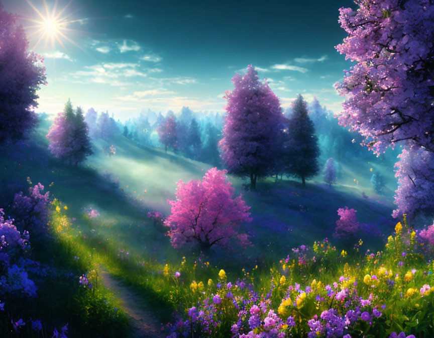 Vibrant landscape with sunburst, mist, and purple trees