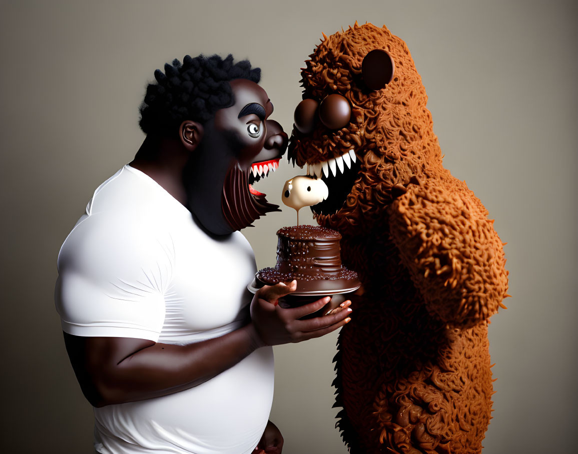 Smiling man holding chocolate cake with furry creature in 3D illustration