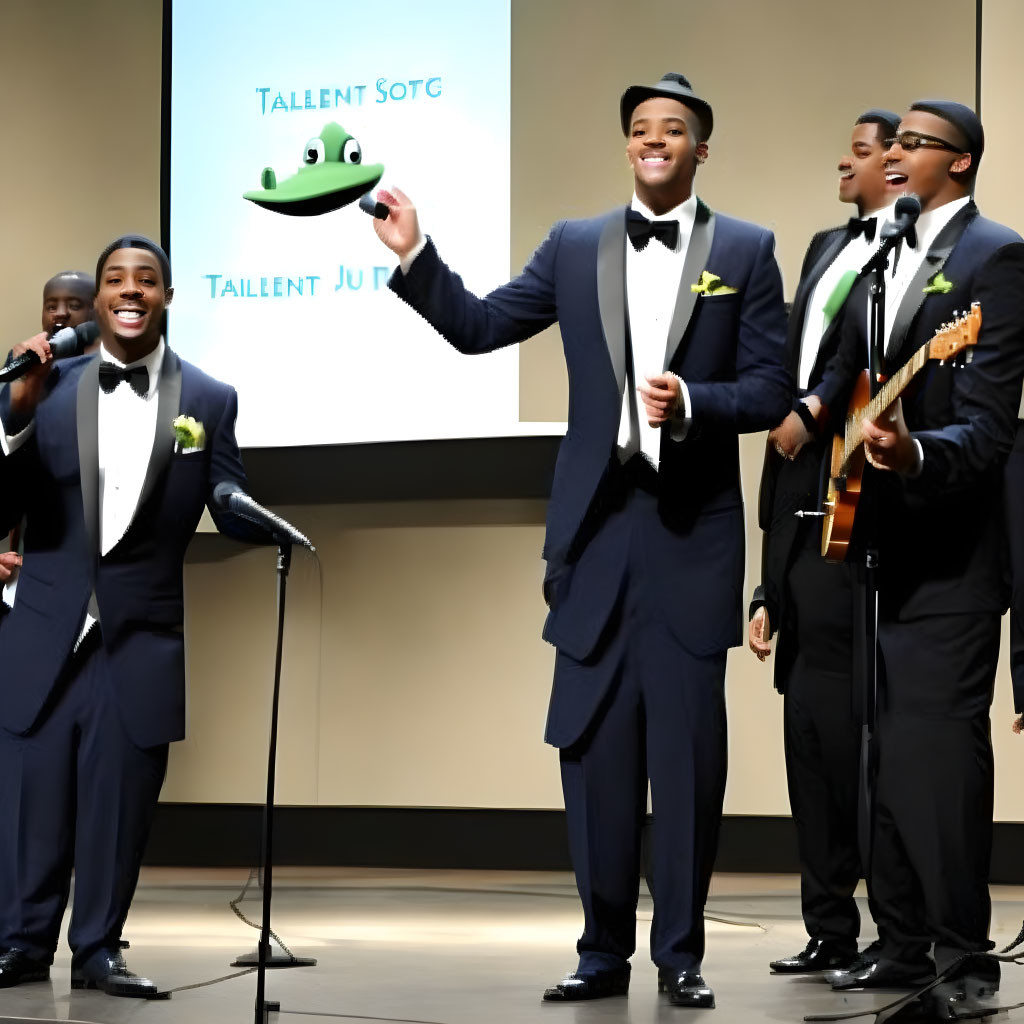 Four men in formal attire with bow ties on stage with guitar, projection screen showing frog graphic and 