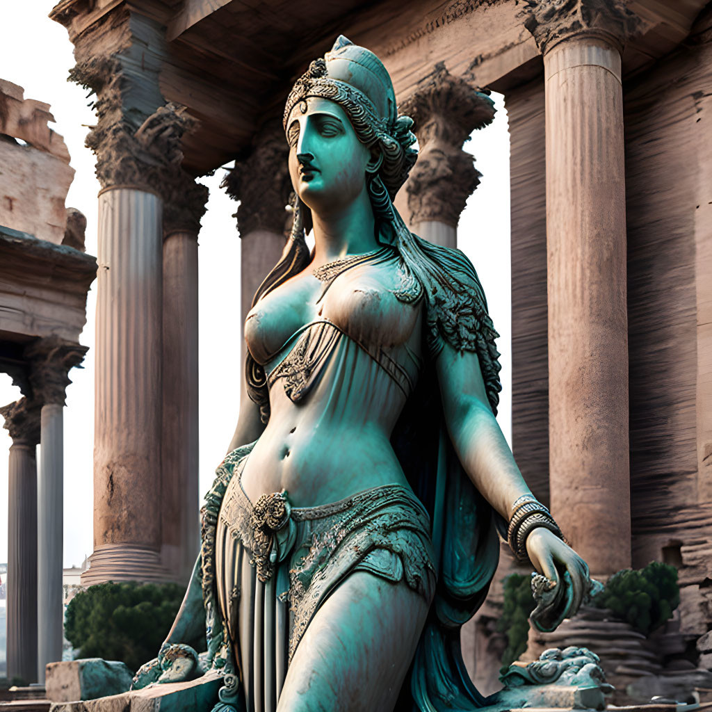 Ethereal woman statue in classical attire with elaborate adornments