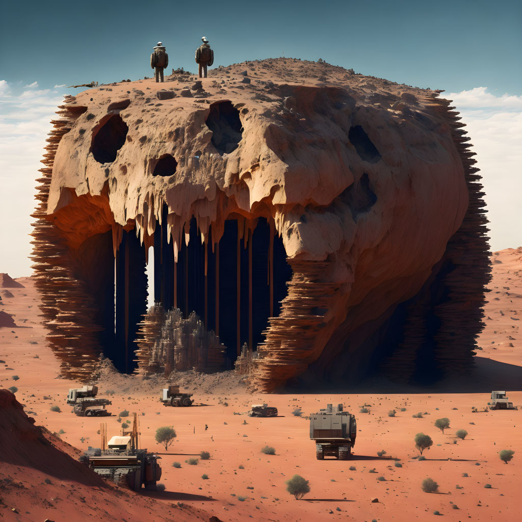 Massive Skull-Shaped Rock Formation in Desert with Figures and Vehicles Below