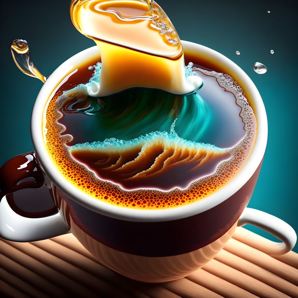 Cream splash creating wave in coffee cup with suspended droplets and surface ripples